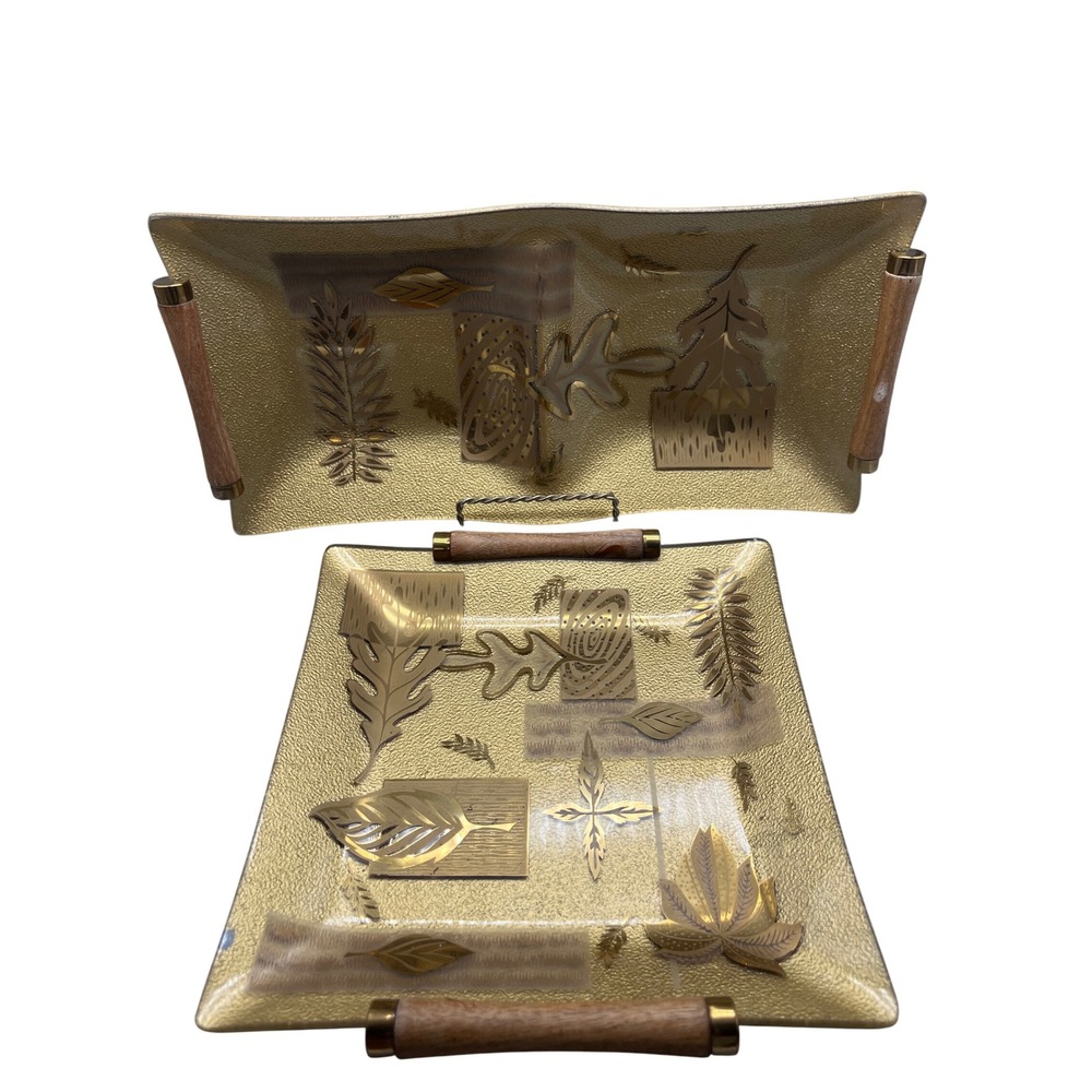 Mid-Century Modern Colony Glass "Leaf" Glass & Teak Handled Gold Leaf Tray